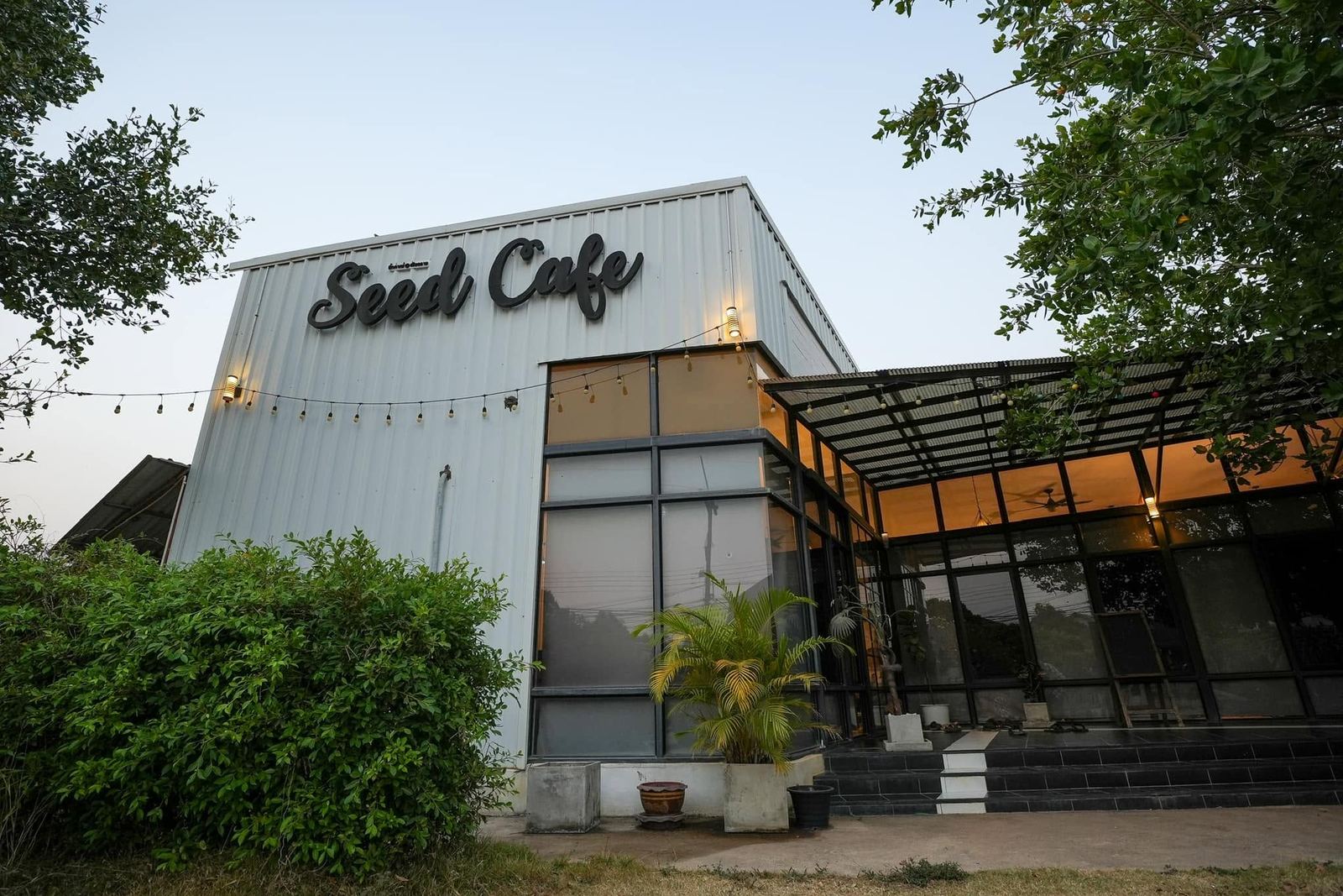 The Seed Cafe at night, SOAR International's house of prayer building in Thailand